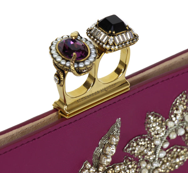 NEW ALEXANDER MCQUEEN Two Ring Knuckle Embroidery Leather Clutch, Burgundy