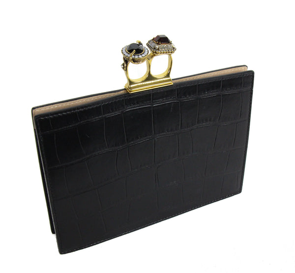 NEW ALEXANDER MCQUEEN Silky Croc Embossed Leather Four Ring Knuckle Clutch