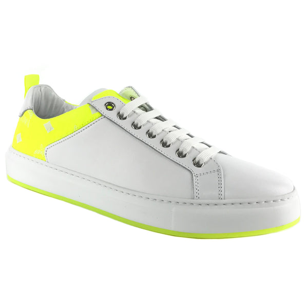 NEW MCM Logo Low Top Leather and Visetos Sneakers White/Yellow