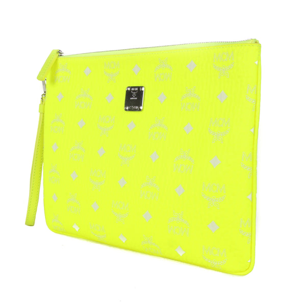 NEW MCM Visetos Neon Yellow Medium Pouch Wristlet, Neon Yellow
