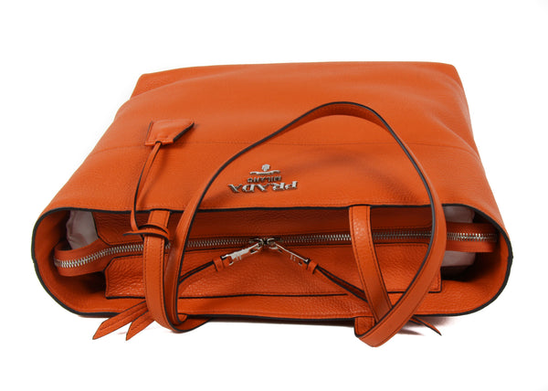 NEW PRADA Vitello Phenix Leather Shopping Tote Handbag, Orange