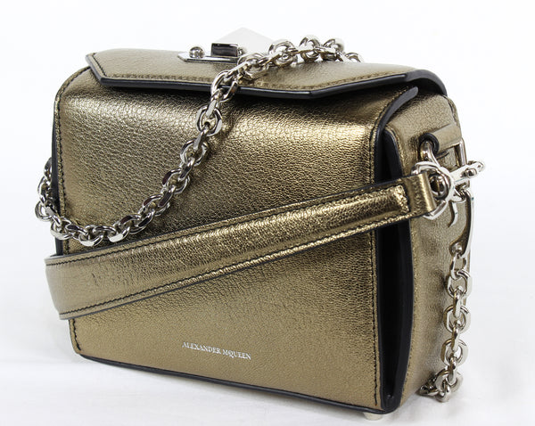 NEW ALEXANDER MCQUEEN Box 16 Metallic Grain Leather Convertible Crossbody Bag, Gold Bronze