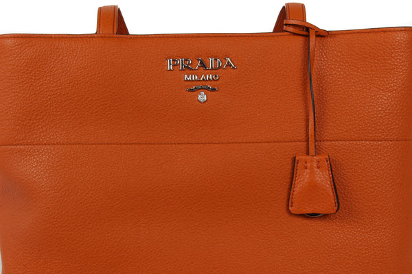 NEW PRADA Vitello Phenix Leather Shopping Tote Handbag, Orange