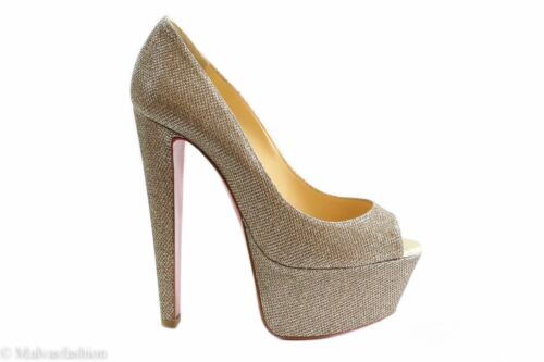 NIB CHRISTIAN LOUBOUTIN Altavera Gold Glitter Peep-Toe Platform Pumps, 9.5