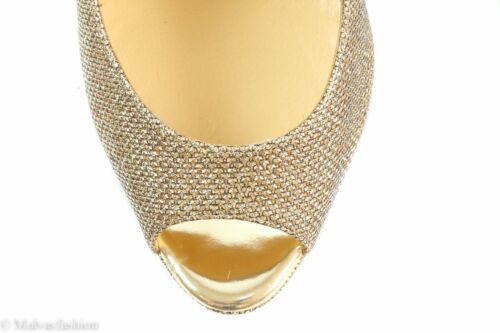NIB CHRISTIAN LOUBOUTIN Altavera Gold Glitter Peep-Toe Platform Pumps, 9.5