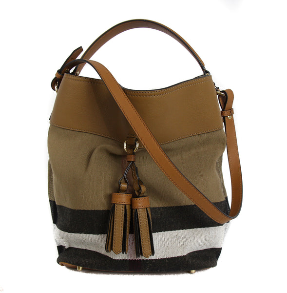 NEW BURBERRY Brit Grainy Canvas Check Medium Ashby Tassel Hobo Bag