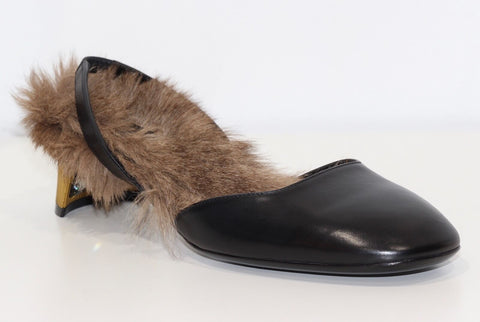 NEW/AUTHENTIC GUCCI 400079 Leather Arielle Gold Heel Fur Lined Pumps, Sz 39/9 US