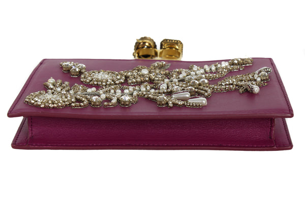 NEW ALEXANDER MCQUEEN Two Ring Knuckle Embroidery Leather Clutch, Burgundy