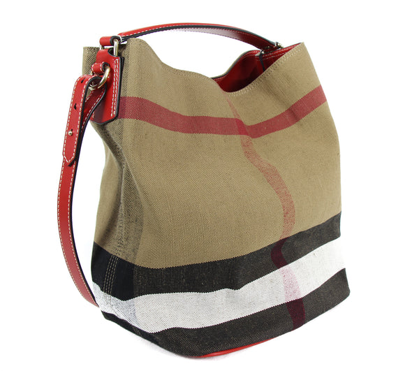 NEW BURBERRY Ashby Canvas Check Medium Hobo Bag