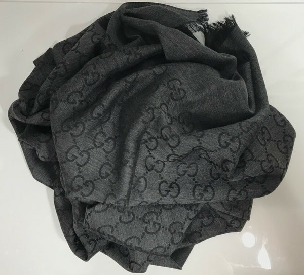 NEW/AUTH GUCCI 165903 Large Wool Silk GG Guccissima Scarf Muffler, Anthracite
