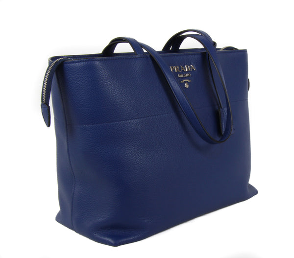 NEW PRADA Vitello Phenix Leather Shopping Tote Handbag, Blue
