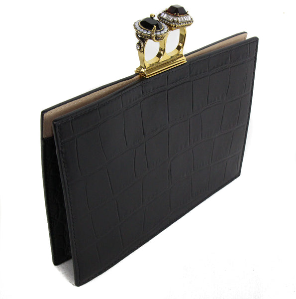 NEW ALEXANDER MCQUEEN Silky Croc Embossed Leather Four Ring Knuckle Clutch