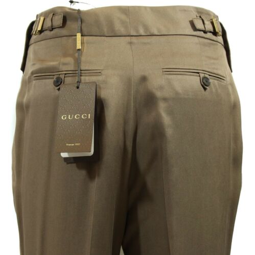 NEW/AUTH $1250 GUCCI 336204 100% Silk Pleated Wide Dress Pant, Brown Size 40US 4