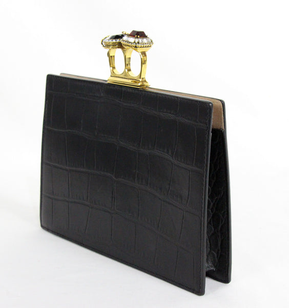 NEW ALEXANDER MCQUEEN Silky Croc Embossed Leather Four Ring Knuckle Clutch