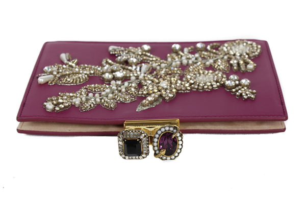 NEW ALEXANDER MCQUEEN Two Ring Knuckle Embroidery Leather Clutch, Burgundy