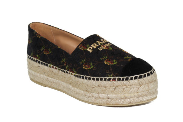 NEW PRADA Women's Jacquard Anemone Floral Espadrille Shoes, Size 37 / US 6