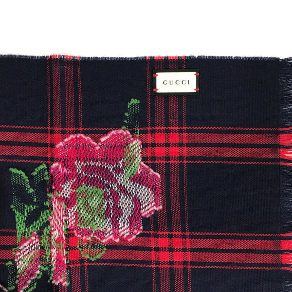 NEW/AUTHENTIC GUCCI 100% Wool Tartan Roses Scarf, Multicolor