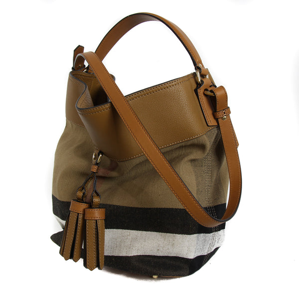 NEW BURBERRY Brit Grainy Canvas Check Medium Ashby Tassel Hobo Bag