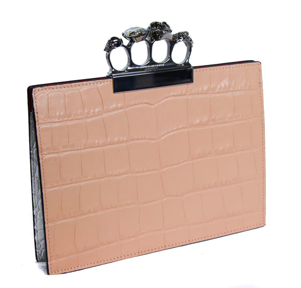 NEW ALEXANDER MCQUEEN Silky Croc Embossed Leather Four Ring Knuckle Clutch
