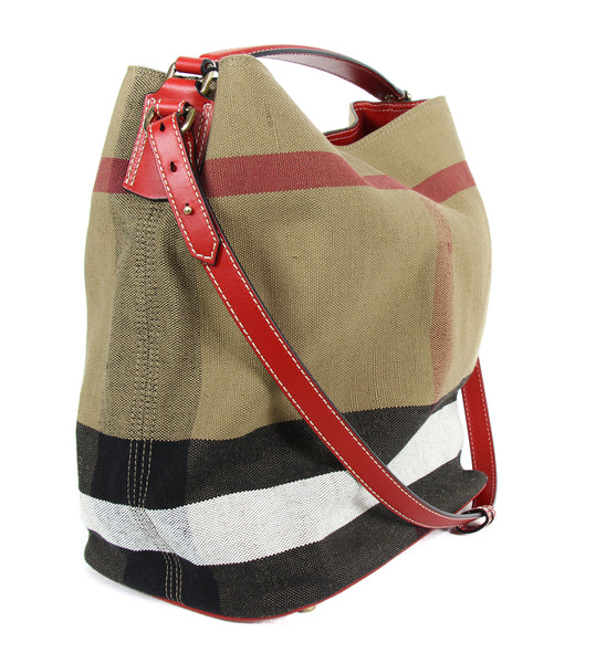 NEW BURBERRY Ashby Canvas Check Medium Hobo Bag