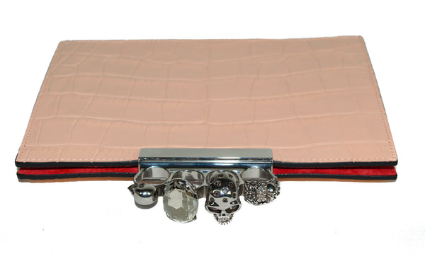 NEW ALEXANDER MCQUEEN Silky Croc Embossed Leather Four Ring Knuckle Clutch