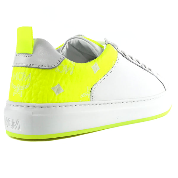 NEW MCM Logo Low Top Leather and Visetos Sneakers White/Yellow