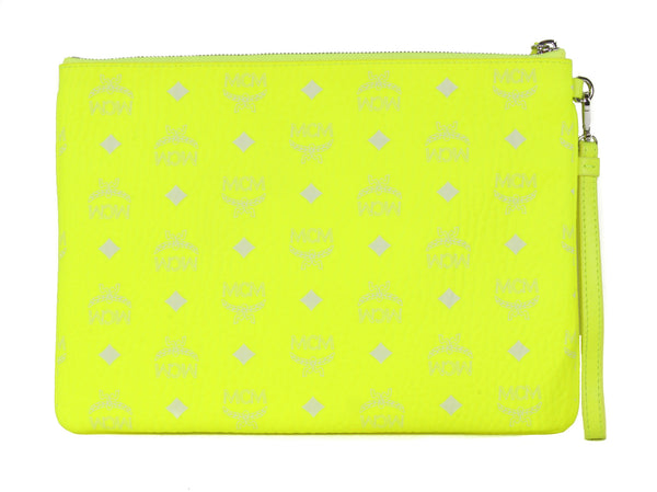 NEW MCM Visetos Neon Yellow Medium Pouch Wristlet, Neon Yellow