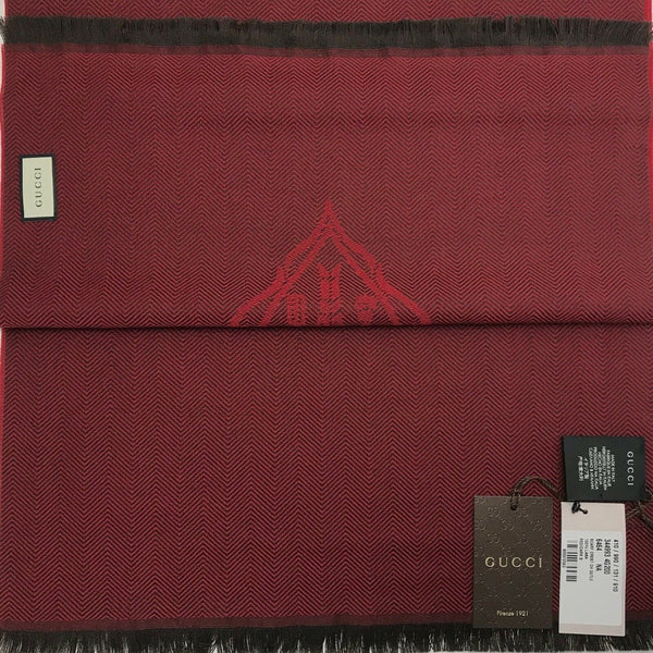NEW/AUTH GUCCI 344993 Unisex Hysteria Crest 100% Wool Scarf, Red/Dark Burgundy