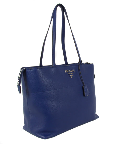 NEW PRADA Vitello Phenix Leather Shopping Tote Handbag, Blue