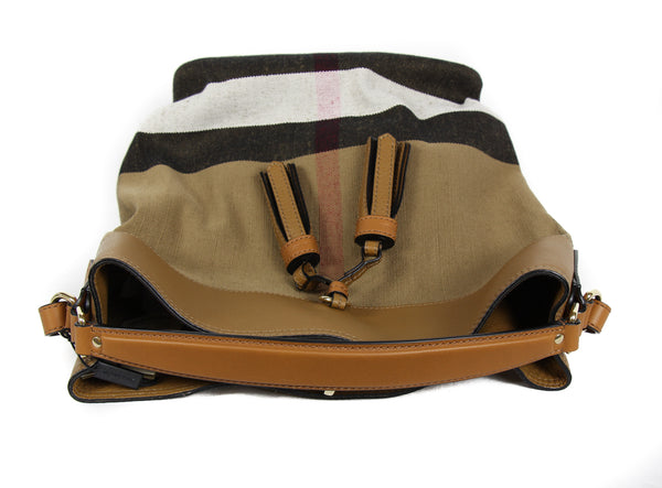 NEW BURBERRY Brit Grainy Canvas Check Medium Ashby Tassel Hobo Bag