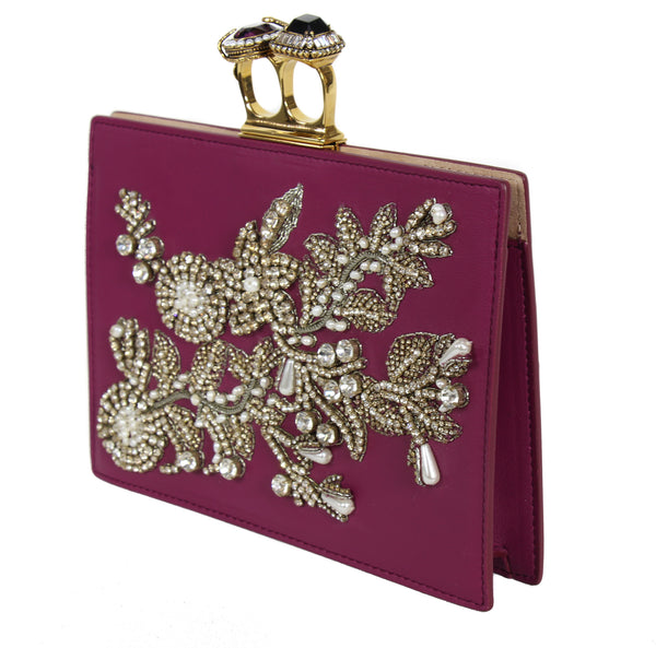 NEW ALEXANDER MCQUEEN Two Ring Knuckle Embroidery Leather Clutch, Burgundy