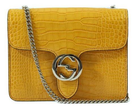 NEW/AUTHENTIC GUCCI 387609 Interlocking G Crocodile Shoulder Bag, Curcuma