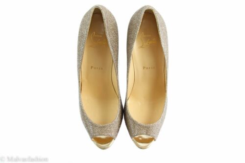 NIB CHRISTIAN LOUBOUTIN Altavera Gold Glitter Peep-Toe Platform Pumps, 9.5