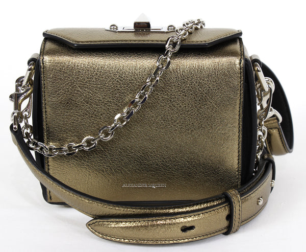 NEW ALEXANDER MCQUEEN Box 16 Metallic Grain Leather Convertible Crossbody Bag, Gold Bronze