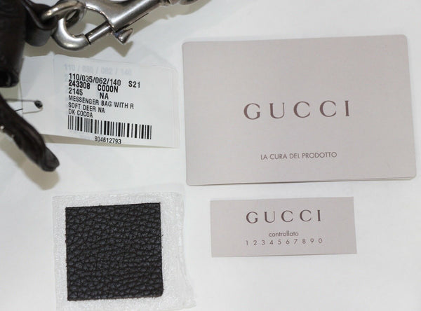 NEW/AUTHENTIC GUCCI 243308 Leather Messenger Travel Bag, Dark Cocoa