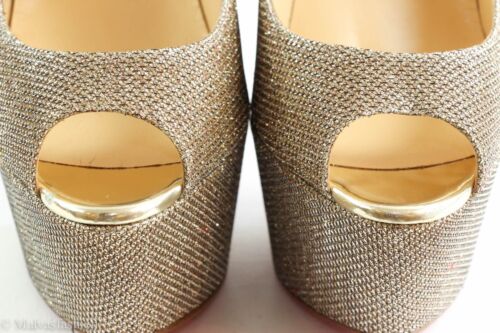 NIB CHRISTIAN LOUBOUTIN Altavera Gold Glitter Peep-Toe Platform Pumps, 9.5