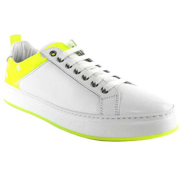 NEW MCM Logo Low Top Leather and Visetos Sneakers White/Yellow