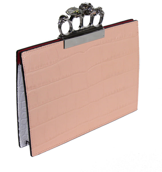 NEW ALEXANDER MCQUEEN Silky Croc Embossed Leather Four Ring Knuckle Clutch