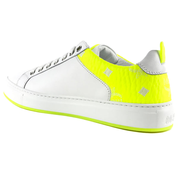 NEW MCM Logo Low Top Leather and Visetos Sneakers White/Yellow