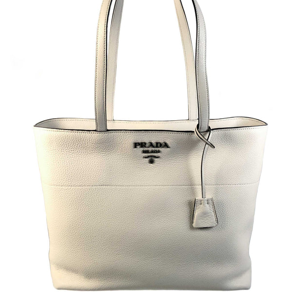 NEW PRADA Vitello Phenix Leather Zip Tote Bag, White
