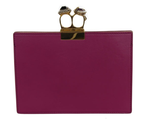 NEW ALEXANDER MCQUEEN Two Ring Knuckle Embroidery Leather Clutch, Burgundy