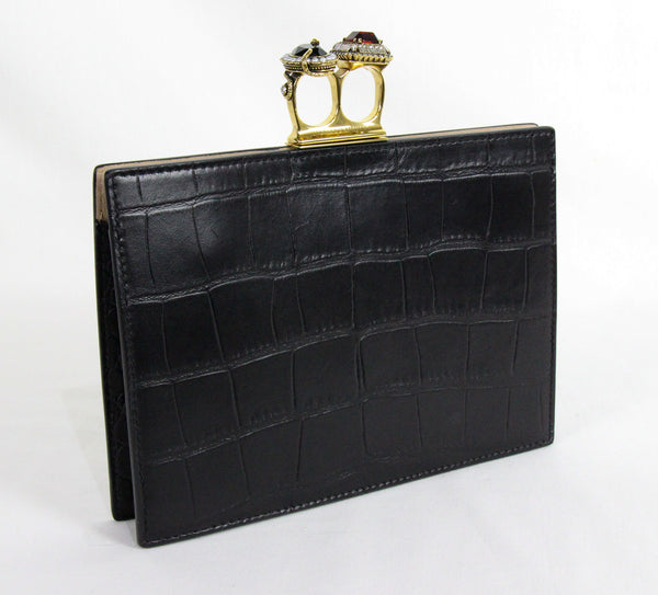 NEW ALEXANDER MCQUEEN Silky Croc Embossed Leather Four Ring Knuckle Clutch
