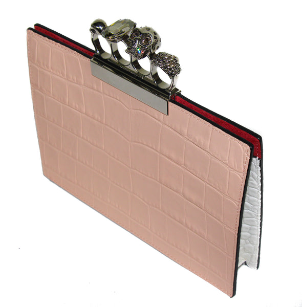 NEW ALEXANDER MCQUEEN Silky Croc Embossed Leather Four Ring Knuckle Clutch