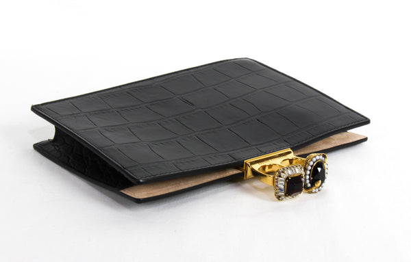 NEW ALEXANDER MCQUEEN Silky Croc Embossed Leather Four Ring Knuckle Clutch