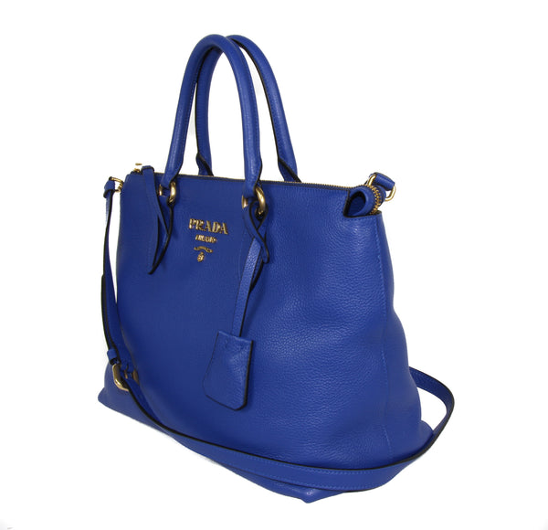 NEW PRADA Vitello Phenix Leather Crossbody Handbag, Blue