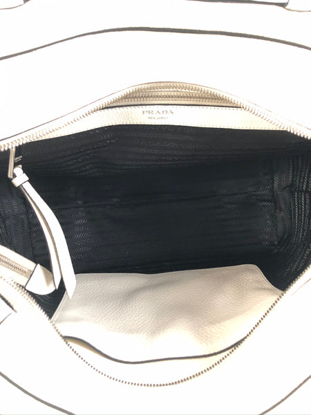 NEW PRADA Vitello Phenix Leather Zip Tote Bag, White