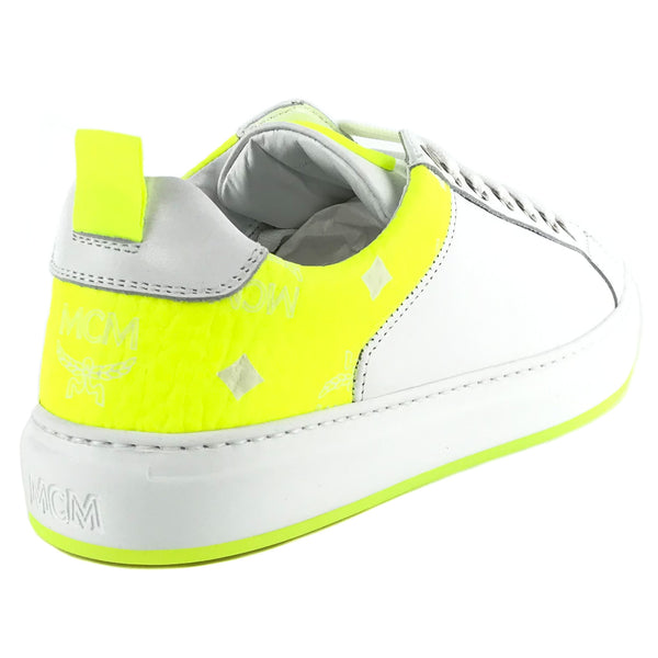 NEW MCM Logo Low Top Leather and Visetos Sneakers White/Yellow