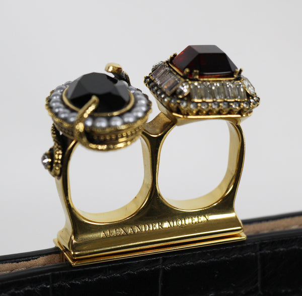 NEW ALEXANDER MCQUEEN Silky Croc Embossed Leather Four Ring Knuckle Clutch