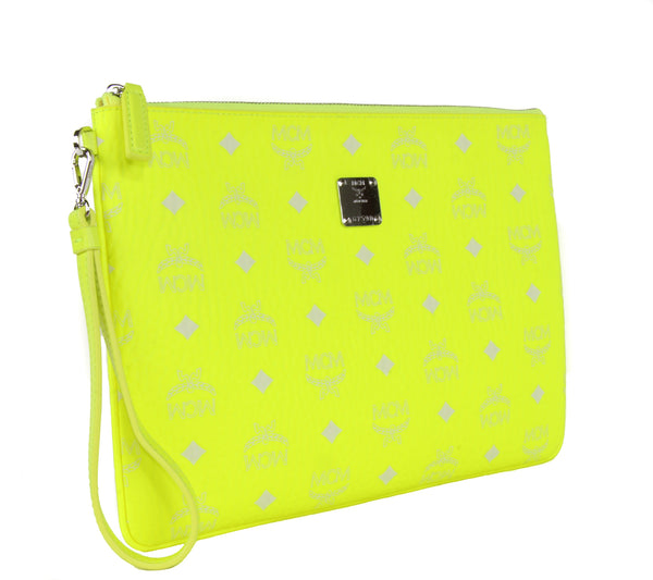 NEW MCM Visetos Neon Yellow Medium Pouch Wristlet, Neon Yellow