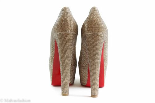 NIB CHRISTIAN LOUBOUTIN Altavera Gold Glitter Peep-Toe Platform Pumps, 9.5